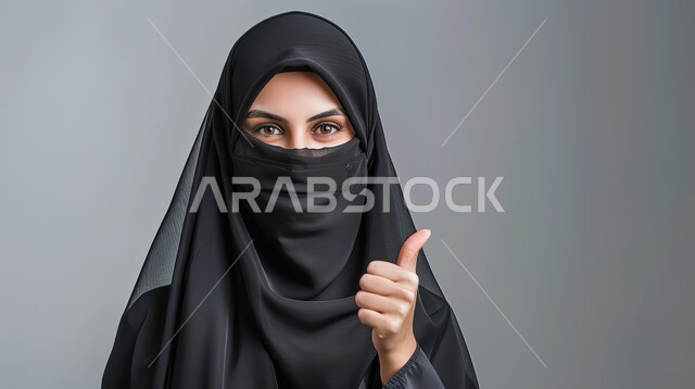 تعابير الإعجاب والرضى، بورتريه مقرب لامرأه عربيه خليجيه سعوديه محجبة ترتدي عباءة سوداء ترفع اصبع الابهام بإيماءات الامتياز والجودة، مفهوم القبول والموافقه، خلفية رمادية