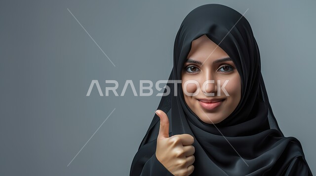 إيماءات الامتياز والجودة، مفهوم القبول والموافقه، بورتريه مقرب لامرأه عربيه خليجيه سعوديه محجبة ترتدي عباءة سوداء ترفع اصبع الابهام بتعابير الإعجاب والرضى، خلفية رمادية