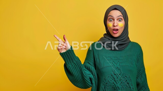 تحديد موقع معين بإيماءات البشاشة، إشارات وحركات يدين تدل على هذا المكان (هنا)، بورتريه مقرب لامرأة عربيه خليجيه سعوديه مبتسمه محجبه ترتدي الزي الكاجوال ترفع اصابعها السبابة وتشير الى شيء ما، خلفية صفراء