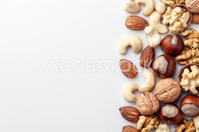 مجموعة من المكسرات الصحية واللذيذة على خلفية بيضاء, عنصر غذائي مفيد للصحة, وجبة خفيفة, حبوب متنوعة وشهية