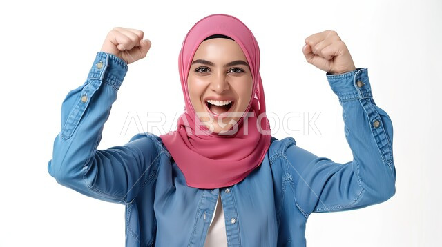 النجاح وتحقيق الأهداف، مفهوم الفرح بالنصر والفوز، تعابير السرور والسعادة، بورتريه مقرب لامرأة عربية خليجية سعودية محجبة مبتسمة ترتدي الزي الكاجوال ترفع يديها بإيماءات الحماس، خلفية بيضاء