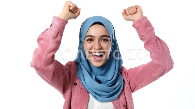 مفهوم الفرح بالنصر والفوز، النجاح وتحقيق الأهداف، تعابير السرور والسعادة، بورتريه مقرب لامرأة عربية خليجية سعودية محجبة مبتسمة ترتدي الزي الكاجوال ترفع يديها بإيماءات الحماس، خلفية بيضاء