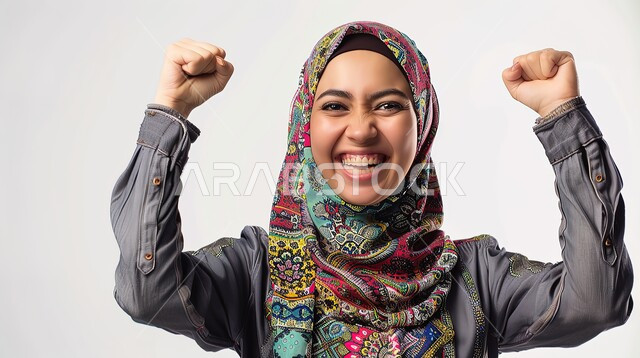 النجاح وتحقيق الأهداف، مفهوم الفرح بالنصر والفوز، تعابير السرور والسعادة، بورتريه مقرب لامرأة عربية خليجية سعودية محجبة مبتسمة ترتدي الزي الكاجوال ترفع يديها بإيماءات الحماس، خلفية بيضاء