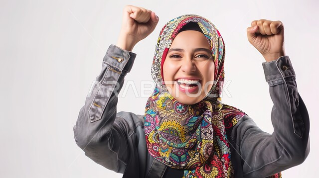The concept of joy in victory and victory, success and achieving goals, expressions of pleasure and happiness, a close-up portrait of a veiled Saudi Arabian Gulf woman, smiling, wearing a casual outfit, raising her hands with enthusiastic gestures, white background.
