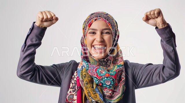 تعابير السرور والسعادة، مفهوم الفرح بالنصر والفوز، النجاح وتحقيق الأهداف، بورتريه مقرب لامرأة عربية خليجية سعودية محجبة مبتسمة ترتدي الزي الكاجوال ترفع يديها بإيماءات الحماس، خلفية بيضاء