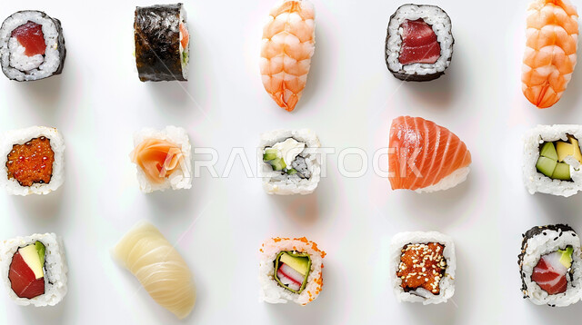 الأنواع المختلفة من لفائف السوشي اللذيذ، مأكولات آسيوية، أكلات بحرية شهية، وصفات وأطباق طعام لذيذة، وجبات الطعام الصحية والمتنوعة، مطاعم آسيوية، مطاعم للمأكولات البحرية, خلفية بيضاء