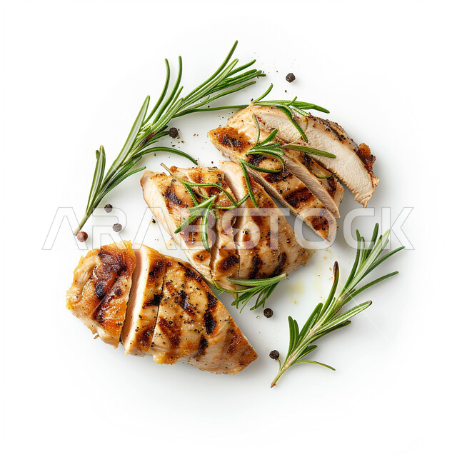 Pieces of chicken grilled over charcoal and cut into pieces, serving the dish with rosemary herbs, grill meal, delicious meals, restaurants and oriental Arab food, delicious Arabic food, grill restaurant