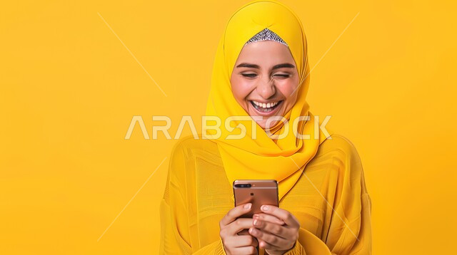 استخدام الاجهزة التكنولوجية الحديثة، سماع الاخبار والمفاجأت السعيدة، ايماءات الدهشة والسرور، بورتريه لإمرأة عربية خليجية سعودية محجبة مبتسمة تنظر إلى هاتفها المحمول بتعابير الفرح والسعادة، الدردشة والتواصل مع الاهل والاصدقاء، خلفية صفراء
