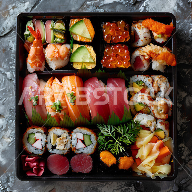 طبق كبير من الأنواع المختلفة للفائف السوشي اللذيذة، مأكولات آسيوية، أكلات بحرية شهية، وصفات وأطباق طعام لذيذة، وجبات الطعام الصحية والمتنوعة، مطاعم آسيوية، مطاعم للمأكولات البحرية