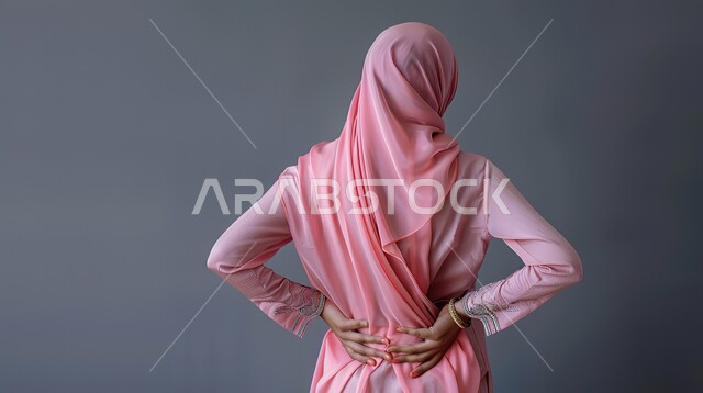 الإحساس بالمرض والتعب، التهاب العضلات والمفاصل، بورتريه مقرب من الخلف لامرأه عربيه خليجيه سعوديه ترتدي عباءة وردية تضع يدها على ظهرها بإيماءات الألم، الحاجه للعلاج وطلب المساعده، خلفية رمادية