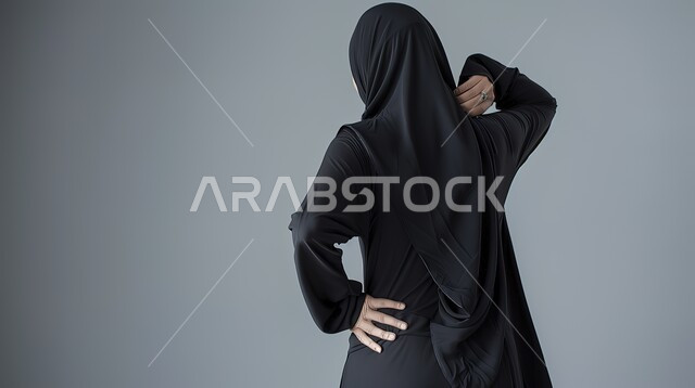 الحاجه للعلاج وطلب المساعده، التهاب العضلات والمفاصل، الإحساس بالمرض والتعب، بورتريه مقرب من الخلف لامرأه عربيه خليجيه سعوديه ترتدي عباءة سوداء تضع يدها على كتفها بإيماءات الألم، خلفية رمادية
