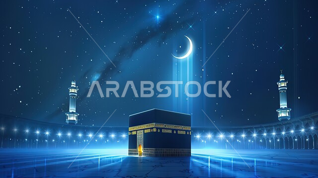 رسم توضيحي ثلاثي الأبعاد للكعبة المشرفة في مكة المكرمة، شعاع النور يضيء من الكعبة المعظمة وينير سواد الليل, العبادة والتقرب إلى الله، المسجد الحرام في المملكة العربية السعودية، اماكن ومعالم دينية إسلامية مقدسة، هالة إيمانية وقدسية و روحانية