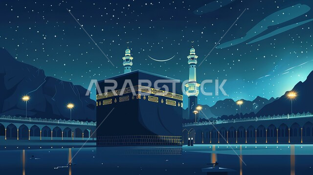 رسم توضيحي ثلاثي الأبعاد للكعبة المشرفة في مكة المكرمة في الليل, العبادة والتقرب إلى الله، المسجد الحرام في المملكة العربية السعودية، اماكن ومعالم دينية إسلامية مقدسة،أضواء باللون الأزرق مع النجوم اللامعة في السماء, هالة إيمانية وقدسية و روحانية