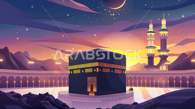 الكعبة المشرفة في مكة المكرمة، إطلالة على المعالم الدينية الإسلامية، منظر شروق الشمس في الحرم المكي الشريف بالمملكة العربية السعودية، العبادة والتقرب إلى الله، أداء مناسك الحج والعمرة, مقدسات الإسلام والمسلمين