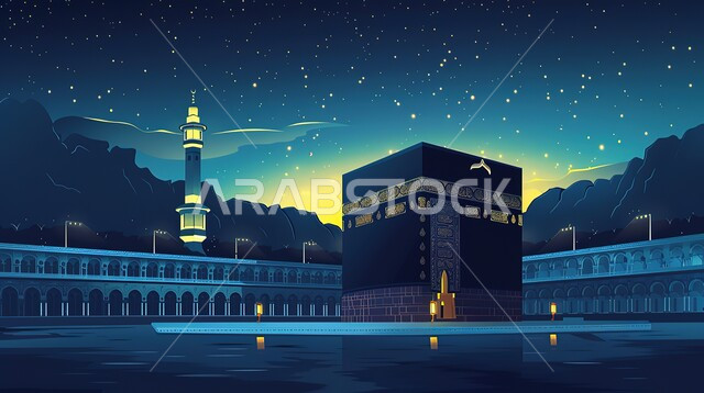 المقدسات الإسلامية في العالم, الكعبة المشرفة في مكة المكرمة، إطلالة على المعالم الدينية الإسلامية، منظر السماء والنجوم في الحرم المكي الشريف بالمملكة العربية السعودية، العبادة والتقرب إلى الله، أداء مناسك الحج والعمرة