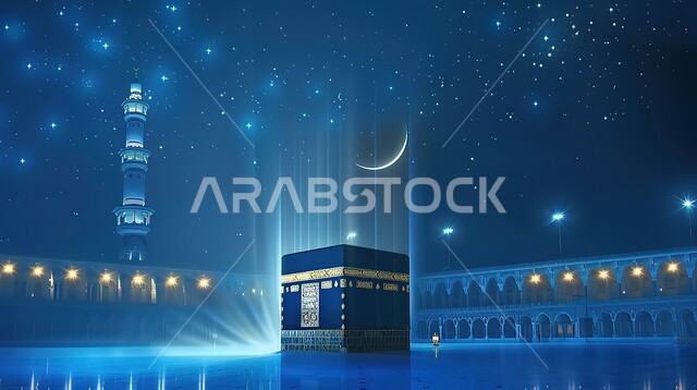 المسجد الحرام في المملكة العربية السعودية، رسم توضيحي ثلاثي الأبعاد للكعبة المشرفة في مكة المكرمة، شعاع النور يضيء من الكعبة المعظمة وينير سواد الليل, الهلال يتوسط السماء، العبادة والتقرب إلى الله، اماكن ومعالم دينية إسلامية مقدسة، هالة إيمانية وقدسية و روحانية