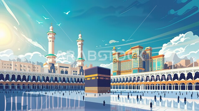 السماء المليئة بالغيوم فوق الحرم المكي الشريف في المملكة العربية السعودية، العبادة والتقرب إلى الله تعالى، رسم توضيحي ثلاثي الأبعاد للكعبة المشرفة في مكة المكرمة، قبب ومآذن المسجد النبوي, وجهة المسلمين من كل بقاع الأرض