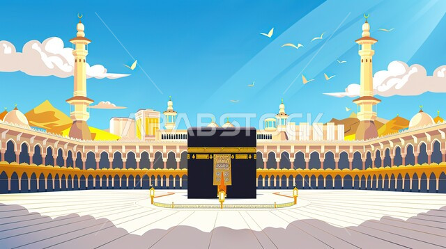 The destination of Muslims from all over the earth, the sky full of clouds over the Noble Mosque in Mecca in the Kingdom of Saudi Arabia, worship and closeness to God Almighty, a three-dimensional illustration of the Holy Kaaba in Mecca, the domes and minarets of the Prophet’s Mosque