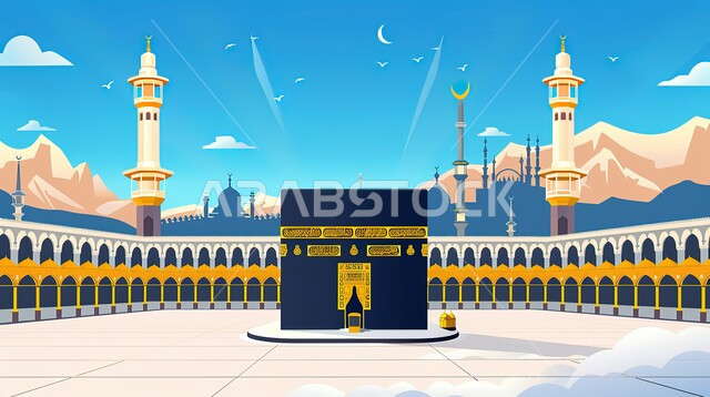 خلفية السماء فوق الحرم المكي الشريف في المملكة العربية السعودية، العبادة والتقرب إلى الله تعالى، رسم توضيحي ثلاثي الأبعاد للكعبة المشرفة في مكة المكرمة، قبب ومآذن المسجد النبوي, وجهة المسلمين من كل بقاع الأرض