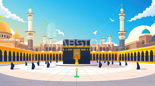الحرم المكي الشريف في المملكة العربية السعودية والسماء المليئة بالغيوم والطيور البيضاء، العبادة والتقرب إلى الله تعالى، رسم توضيحي ثلاثي الأبعاد للكعبة المشرفة في مكة المكرمة، قبب ومآذن المسجد النبوي, وجهة المسلمين من كل بقاع الأرض