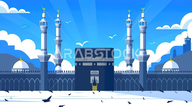 رسم توضيحي ثلاثي الأبعاد للكعبة المشرفة في مكة المكرمة،وجهة المسلمين من كل بقاع الأرض, قبب ومآذن المسجد النبوي, مقدسات إسلامية