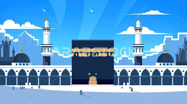 مقدسات إسلامية, رسم توضيحي ثلاثي الأبعاد للكعبة المشرفة في مكة المكرمة،وجهة المسلمين من كل بقاع الأرض, قبب ومآذن المسجد النبوي