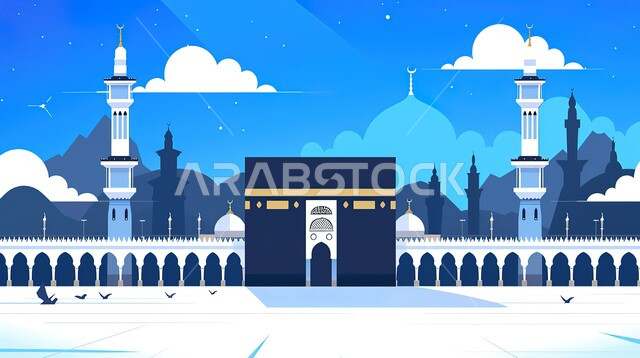 قبلة المسلمين من كل بقاع الأرض، رسم توضيحي ثلاثي الأبعاد للكعبة المشرفة في مكة المكرمة، قبب ومآذن المسجد النبوي, مقدسات إسلامية