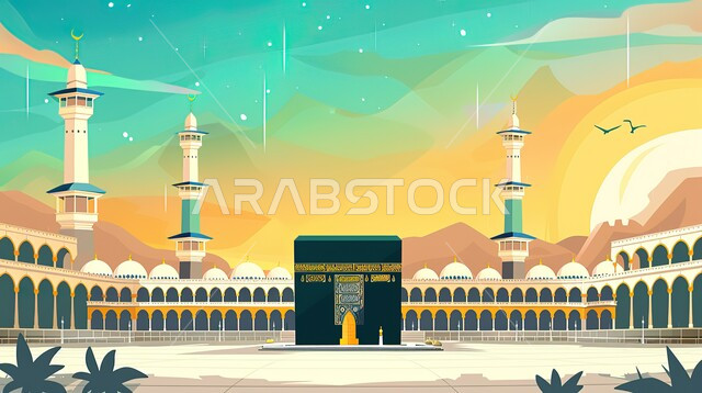 رسم توضيحي ثلاثي الأبعاد للكعبة المشرفة في مكة المكرمة، قبب ومآذن المسجد النبوي, المركز الديني والإسلامي الأهم في العالم, رمز من رموز الدين الإسلامي, خلفيات ورسومات دينية