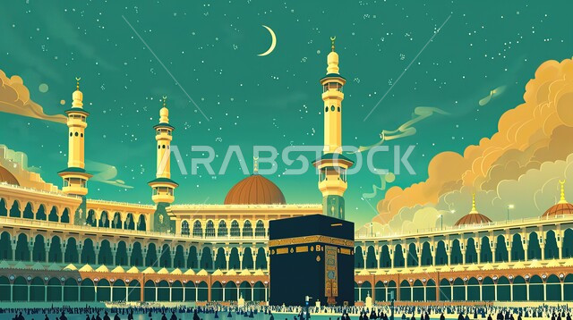 The Holy Mosque of Mecca with a three-dimensional illustration showing the Holy Kaaba with the domes and minarets of the Prophet’s Mosque, the most important religious and Islamic center in the world, Mecca in the Kingdom of Saudi Arabia, a symbol of the Islamic religion, religious backgrounds and drawings
