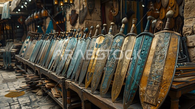 Popular ancient antiques and antiques, antique pieces of the popular style, the authenticity of customs and traditions in the Kingdom of Saudi Arabia, a group of swords decorated with traditional decorations and designs.