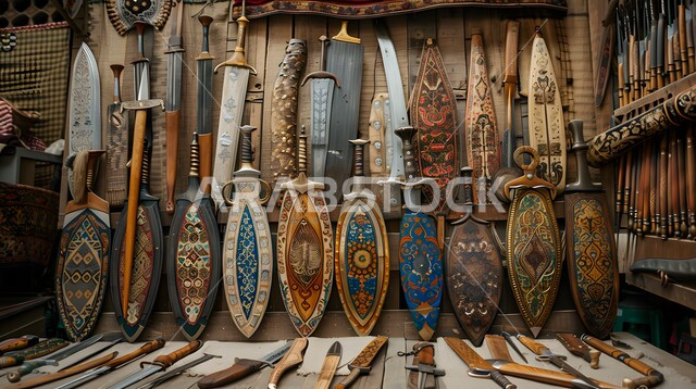 أصالة العادات والتقاليد في المملكة العربية السعودية، قطع أنتيكة من الطراز الشعبي، التحف والانتيكات التراثية القديمة الشعبية، مجموعة من السيوف المزخرفة بزخارف وتصاميم تقليدية