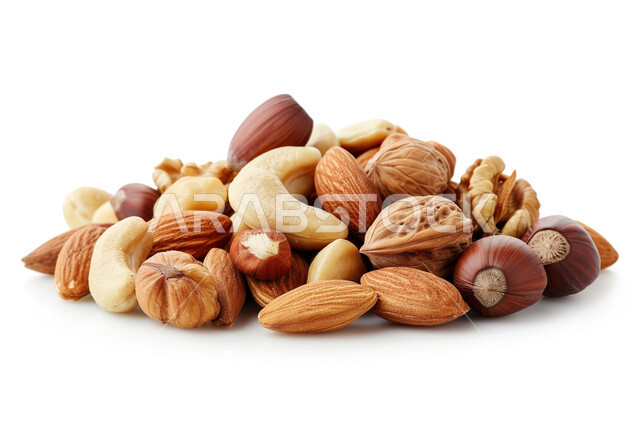 Foods with high nutritional value, agricultural crops and local Saudi national products, delicious snacks and citrus fruits, a close-up image of a group of different types of fresh nuts, a white background.