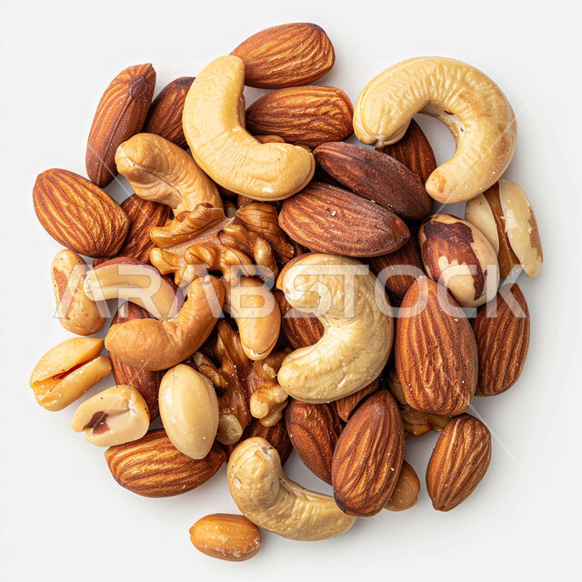 وجبة ذات قيمة غذائية عالية، محاصيل زراعية و منتجات محلية سعودية وطنية، سناكات و موالح لذيذة، صورة مقربة مجموعة من انواع المكسرات المختلفة الطازجة، خلفية بيضاء