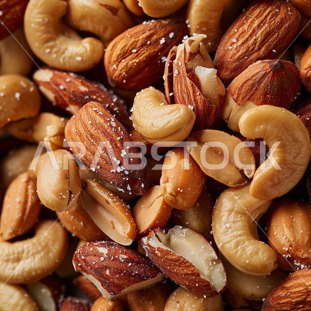 موالح و سناكات لذيذة، منتجات ومحاصيل زراعية محلية سعودية وطنية، وجبة خفيفة ذات قيمة غذائية عالية، صورة مقربة مجموعة من انواع المكسرات المختلفة الطازجة