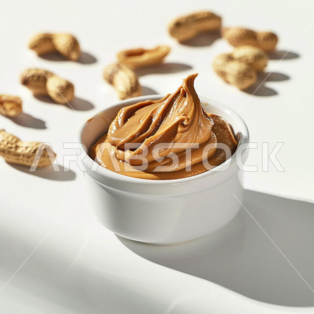 عنصر غذائي مفيد للصحة، الوجبات الخفيفة والسناكات الصحية المشبعة، طبق من زبدة الفول السوداني، منتجات ومحاصيل زراعية من المملكة العربية السعوية، مكسرات وموالح غذائية، خلفية بيضاء