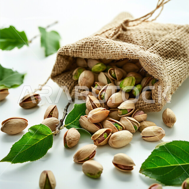 عنصر غذائي مفيد للصحة، السناكات الصحية والوجبات الخفيفة المشبعة، كيس قش مليئ بالفستق الحلبي، منتجات ومحاصيل زراعية من المملكة العربية السعوية، مكسرات وموالح غذائية، خلفية بيضاء