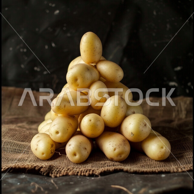 زراعة البطاطا في حقول ومزارع المملكة العربية السعودية، مجموعة من حبات البطاطس الطازجة، محاصيل زراعية و خضراوات وطنية محلية، أطعمة ومأكولات ذات قيمة غذائية