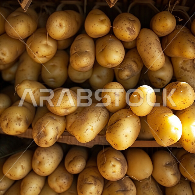 A collection of fresh potatoes, agricultural crops and local national vegetables, growing potatoes in the fields and farms of the Kingdom of Saudi Arabia, foods and foods with nutritional value.