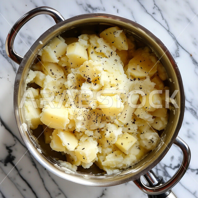 تقديم وإعداد الوجبات والأطعمة السريعة، طبق من البطاطس المهروسة مع البهارات الشهية، وصفات المأكولات والمقبلات اللذيذة، المنتجات المحلية الوطنية، وجبة غذائية عالية القيمة