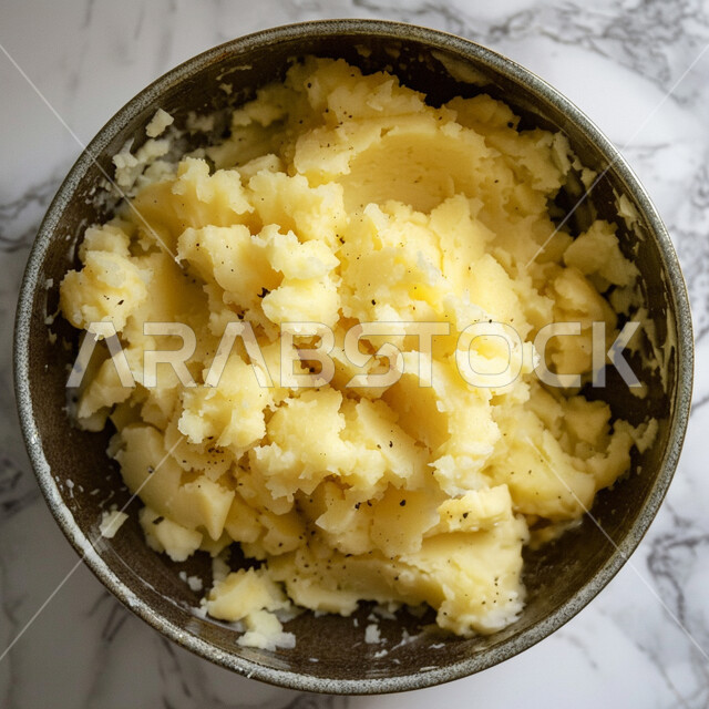 إعداد وتقديم الوجبات والأطعمة السريعة، طبق من البطاطس المهروسة مع البهارات الشهية، وصفات المأكولات والمقبلات اللذيذة، المنتجات المحلية الوطنية، وجبة غذائية عالية القيمة