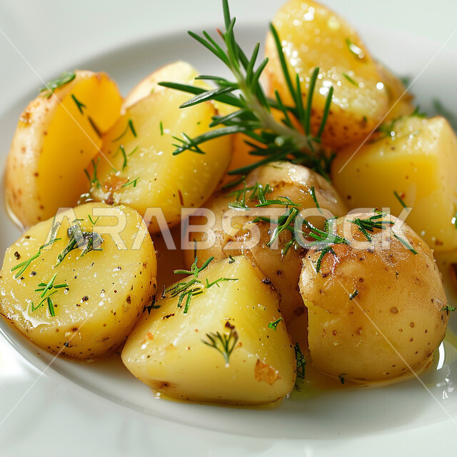 وجبة غذائية عالية القيمة، وصفات المأكولات والمقبلات اللذيذة، طبق من البطاطس المسلوق المتبل بالليمون والزيت والأعشاب الطبيعية، تقديم وإعداد الوجبات والأطعمة السريعة، المنتجات المحلية الوطنية