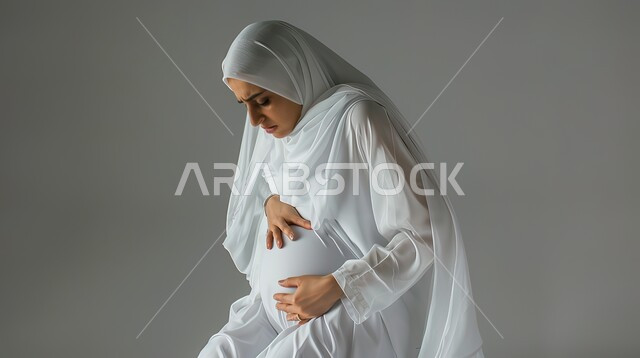 Fatigue, exhaustion, and the feeling of cramps, the need to develop a treatment plan, heartburn and indigestion, the feeling of labor pains and the impending birth, a close-up portrait of a veiled Saudi Arabian Gulf woman, pregnant, wearing an abaya, holding her stomach with pain-feeling gestures, gray background.