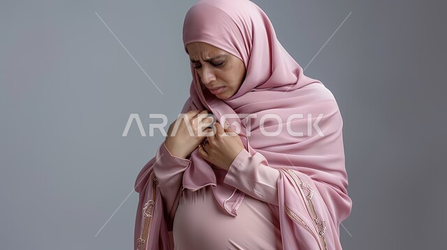الإرهاق والتعب والإحساس بالمغص، الحاجة لوضع خطة علاجية، حرقة في المعدة وعسر الهضم، الشعور بالشعور بآلام المخاض  وقرب الولاده، بورتريه مقرب لإمرأة عربية سعودية خليجية محجبة حامل ترتدي العباءة تمسك بطنها بإيماءات الشعور بالألم، خلفية رمادية