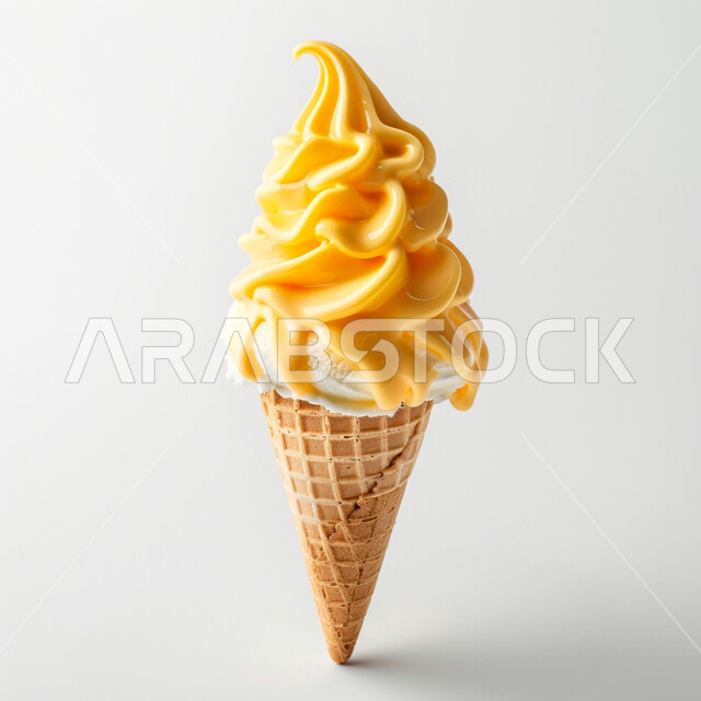 بسكويت الأيس كريم بنكهة الفواكه ، الحلويات الصيفية الباردة ، سكريات وأطعمة ذات سعرات حرارية عالية ، بوظة باردة في أجواء الصيف الحارة، خلفية بيضاء