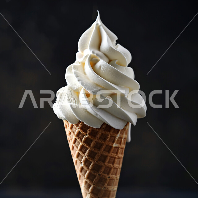 الحلويات الصيفية الباردة ، بسكويت الأيس كريم بنكهة الفانيليا ، سكريات وأطعمة ذات سعرات حرارية عالية ، بوظة باردة في أجواء الصيف الحارة، خلفية سوداء