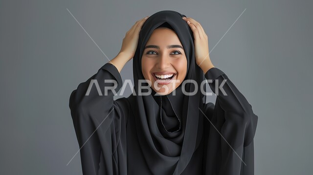  الدهشة لحدوث أمر ما، تعابير المفاجأة والذهول, سماع الأخبار السارة والشعور بالسعادة والسرور، بورتريه مقرب لإمرأة عربية سعودية خليجية محجبة مبتسمة تضع يديها على رأسها بايماءات الاستغراب, خلفية رمادية 