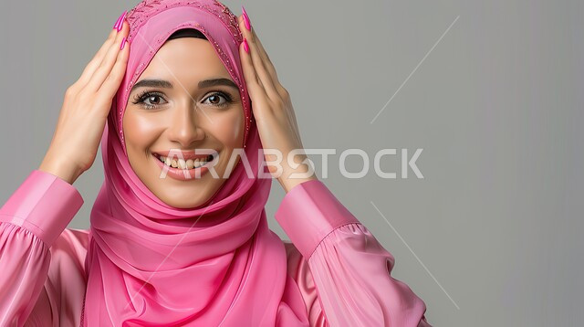 سماع الأخبار السارة والشعور بالسعادة والسرور، إيماءات المفاجأة والذهول, بورتريه مقرب لإمرأة عربية سعودية خليجية محجبة مبتسمة تضع يديها على رأسها بتعابير الدهشة, الإستغراب بحدوث أمر ما، خلفية رمادية 