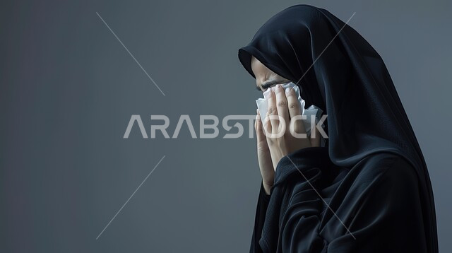 التهابات الأنف التحسسية, الحاجة الى العلاج والدواء، أعراض كورونا (كوفيد-19)، الشعور بالمرض والتعب و الزكام، استخدام المناديل الورقيه أثناء العطس, بورتريه مقرب لإمرأة عربية سعودية خليجية محجبة ترتدي العباءة تقوم بالعطاس بايماءات البكاء والحزن, خلفية رمادية