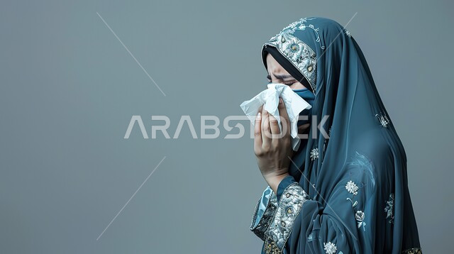 الحاجة الى العلاج والدواء، أعراض كورونا (كوفيد-19)، الشعور بالمرض والتعب و الزكام، استخدام المناديل الورقيه أثناء العطس, التهابات الأنف التحسسية, بورتريه مقرب لإمرأة عربية سعودية خليجية محجبة ترتدي العباءة تقوم بالعطاس بايماءات البكاء والحزن, خلفية رمادية