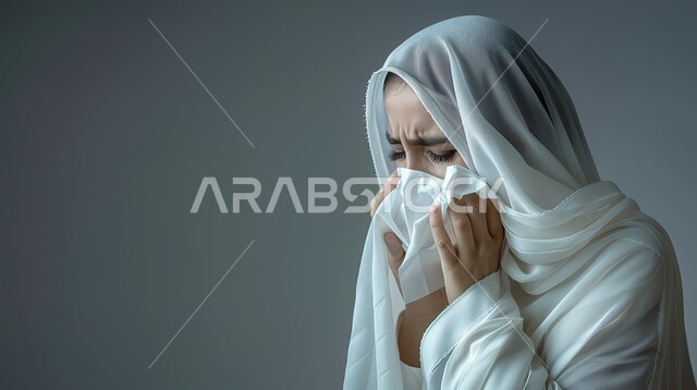 أعراض كورونا (كوفيد-19)، الشعور بالمرض والتعب و الزكام، استخدام المناديل الورقيه أثناء العطس, التهابات الأنف التحسسية, بورتريه مقرب لإمرأة عربية سعودية خليجية محجبة ترتدي العباءة تقوم بالعطاس بايماءات البكاء والحزن, الحاجة الى العلاج والدواء، خلفية رمادية